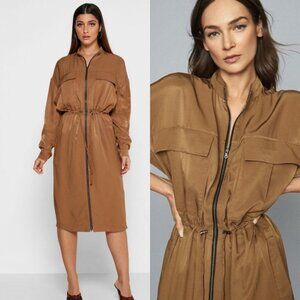 Reiss Zipper Shirt Dress Brown Long Sleeve Sylvie Size 4 Midi Brown Utility Boho
